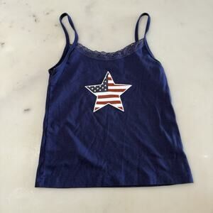 Modern Lux Women L Navy Patriotic Star Lace Trim Camisole Tank Top USA July 4th